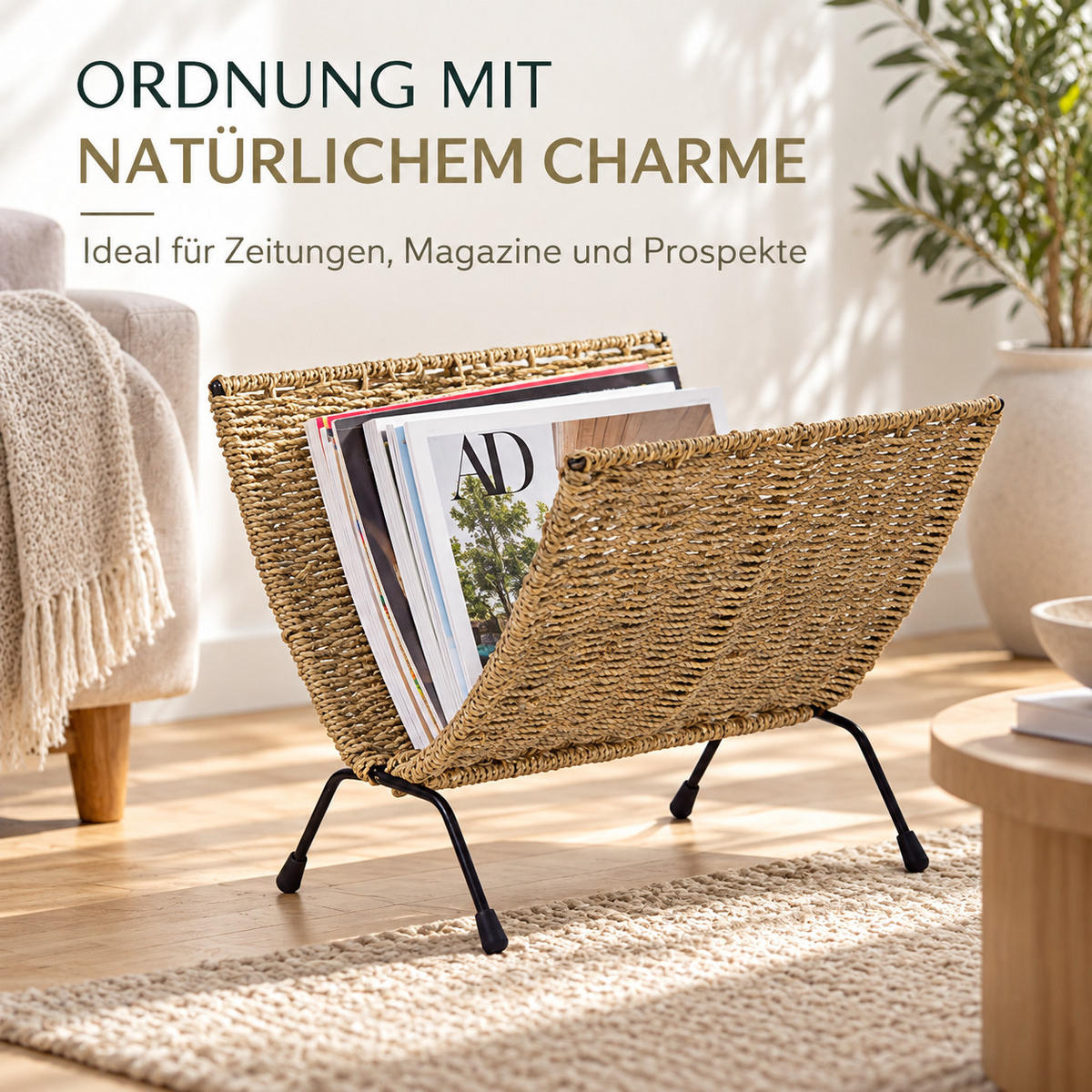 ZEITUNGSSTÄNDER Seegras, Metall schwarz - Braun, Naturmaterialien (37/33/22cm) - Homestyle4u