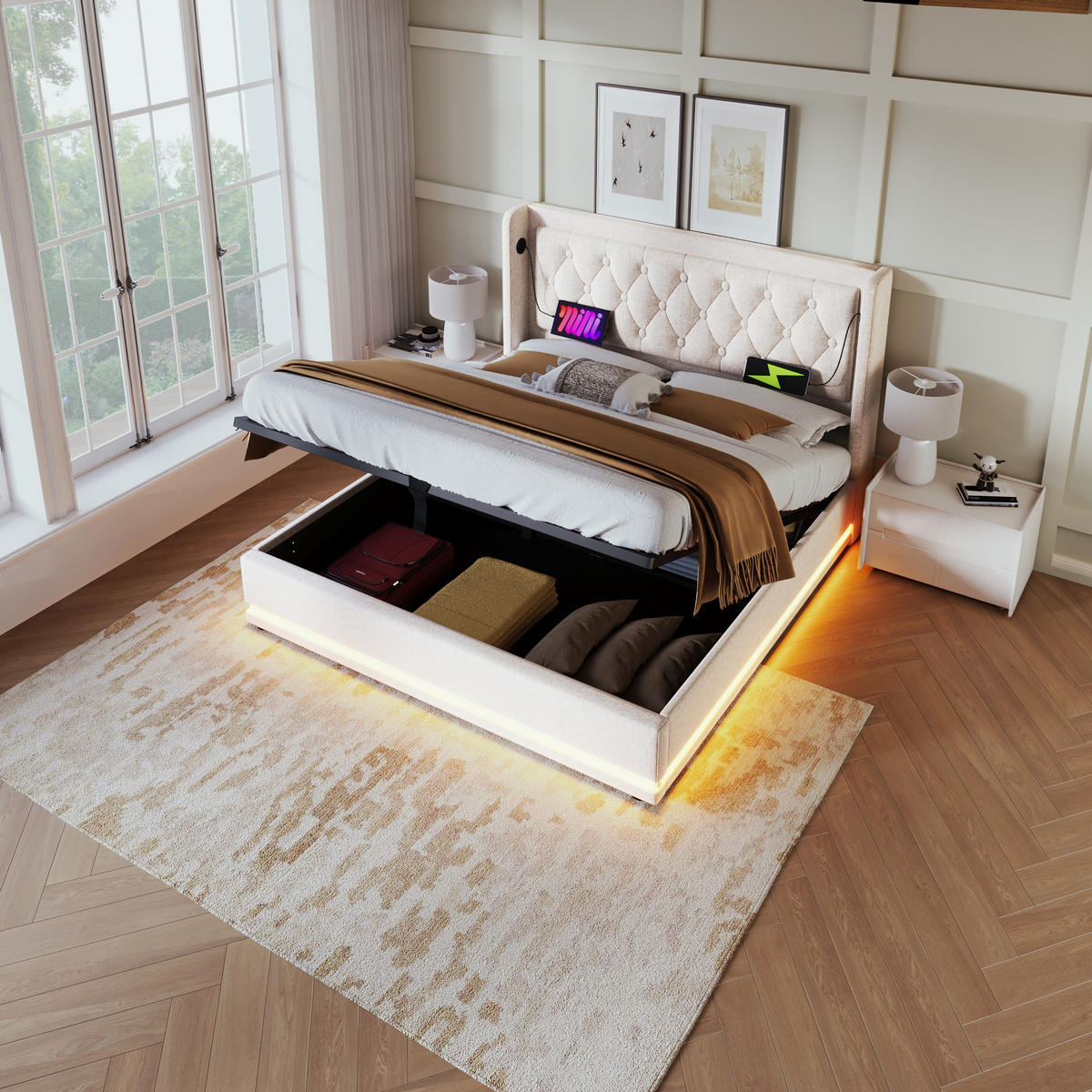 POLSTERBETT 180/200 mit LED, USB Type-C und hydraulischem Stauraum in Beige - Beige, Holzwerkstoff/Textil (180/200cm) - EVRYAE