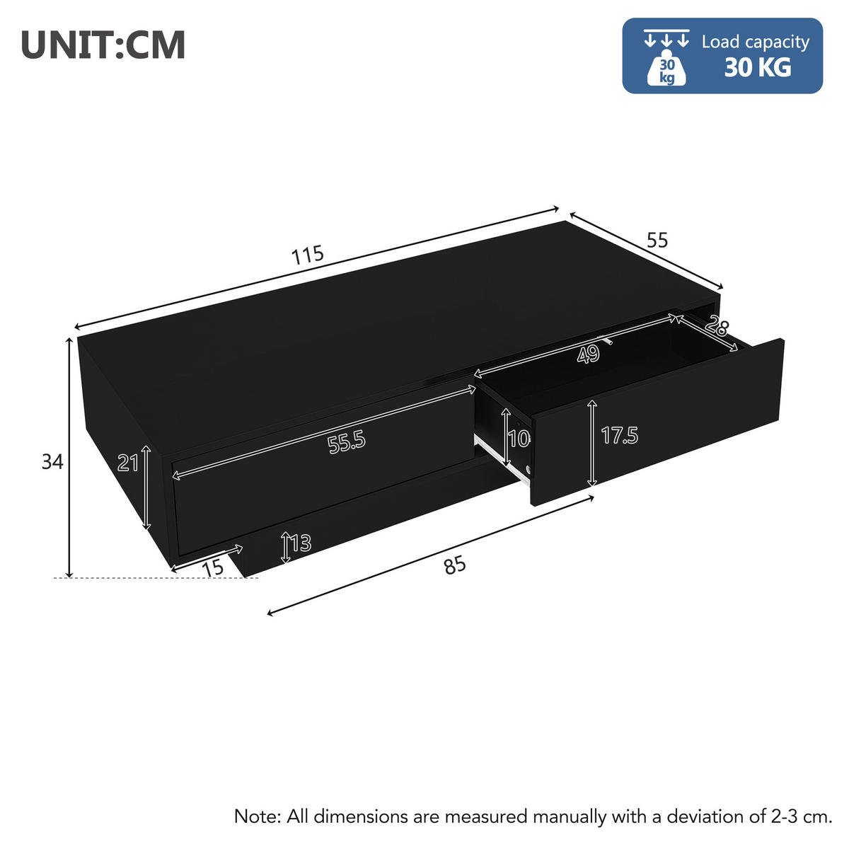 COUCHTISCH 115/55/34 cm schwarz hochglänzend mit 2 Schubladen und LED-Beleuchtung - Schwarz, Holzwerkstoff (115/55/34cm) - OKWISH