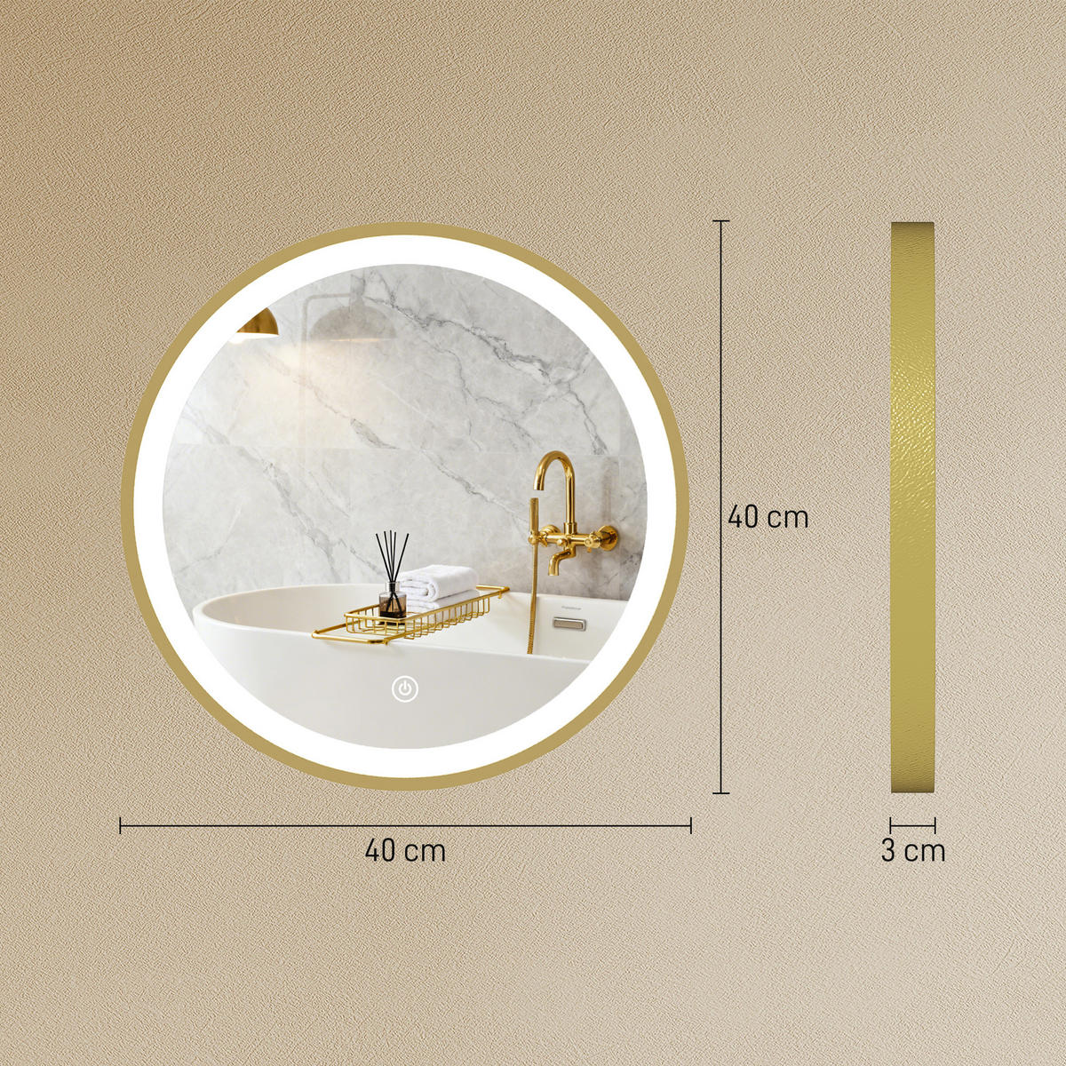 BADSPIEGEL, 3 Farbtemperaturen, dimmbar, goldfarben,Runder 40 cm - Goldfarben, Glas (40/40/3cm) - Vallsero