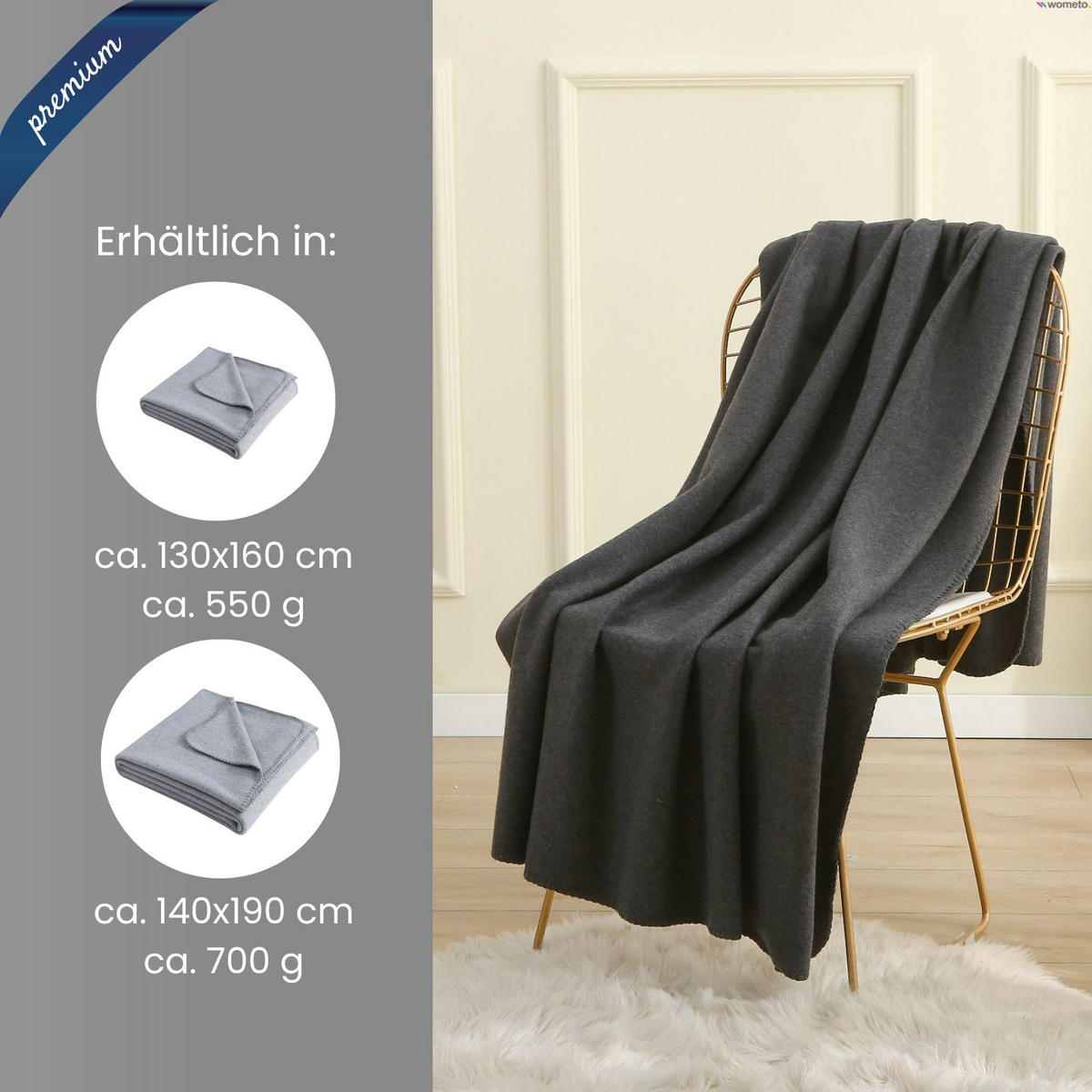 FLEECEDECKE 2er Set premium-line dunkelgrau 130/160 cm Ketteleinfassung Anti-Pilling - Dunkelgrau, Textil (130/160cm) - wometo