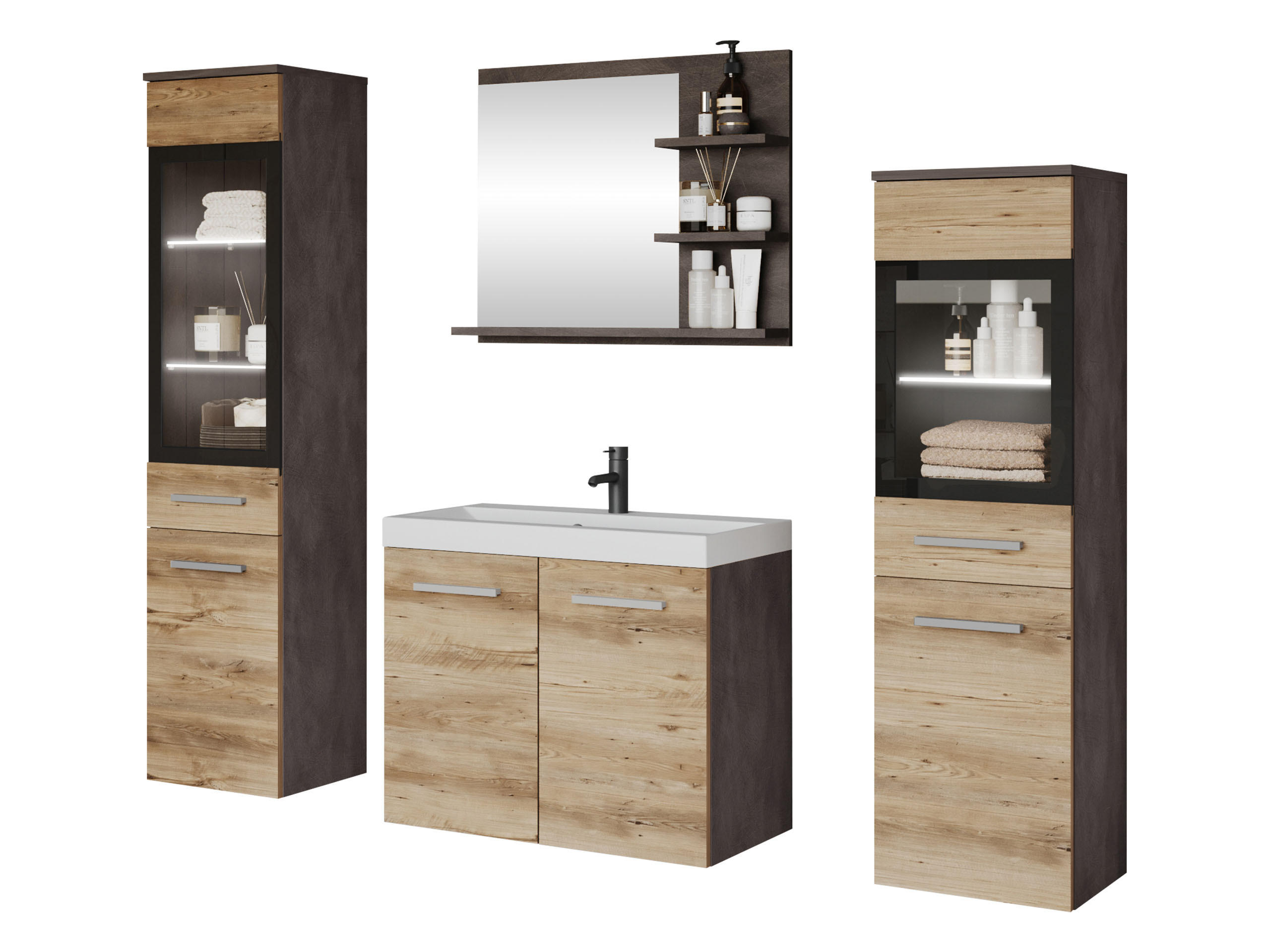 BADMÖBEL-SET Madrit I mit weißer LED Beleuchtung - Braun/Grau, Holzwerkstoff (30/132/30cm) - MIRJAN24