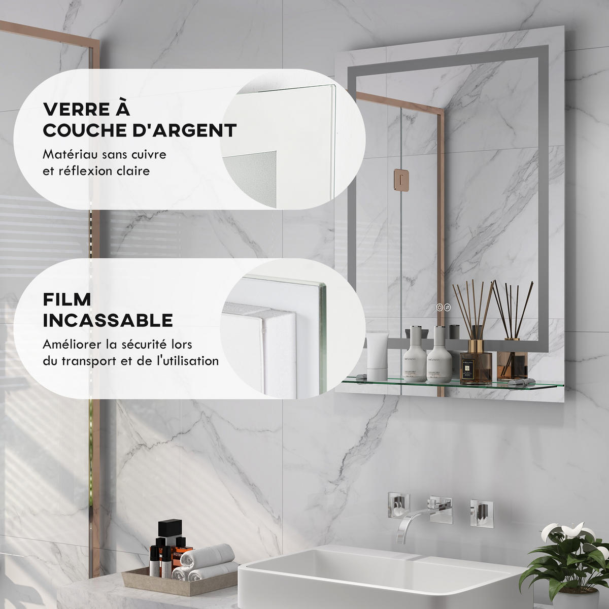 BADEZIMMERSPIEGEL DE-15202 80/60 cm mit Glasablage und 3 LED-Farben Silber - Transparent, Glas (60/2.7/80cm) - ComfortXL