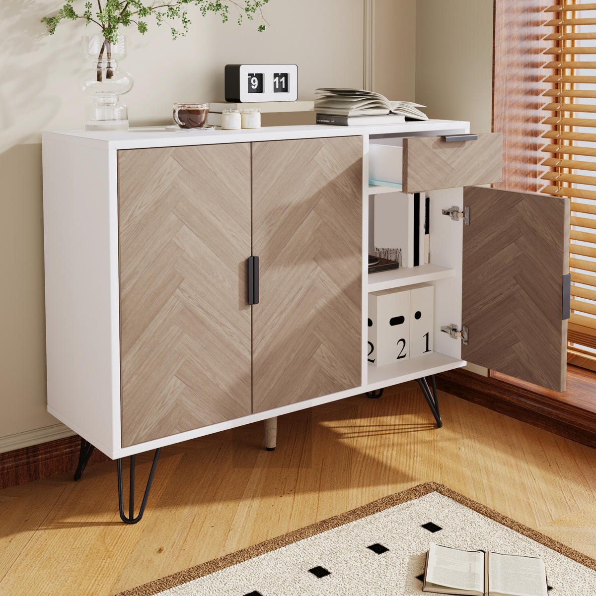 SIDEBOARD 90/30/71,5 cm aus MDF und Spanplatte mit höhenverstellbaren Einlegeböden Weiß/Holzfarben - Naturfarben, Holzwerkstoff (30/71.5/90cm) - Modenvie