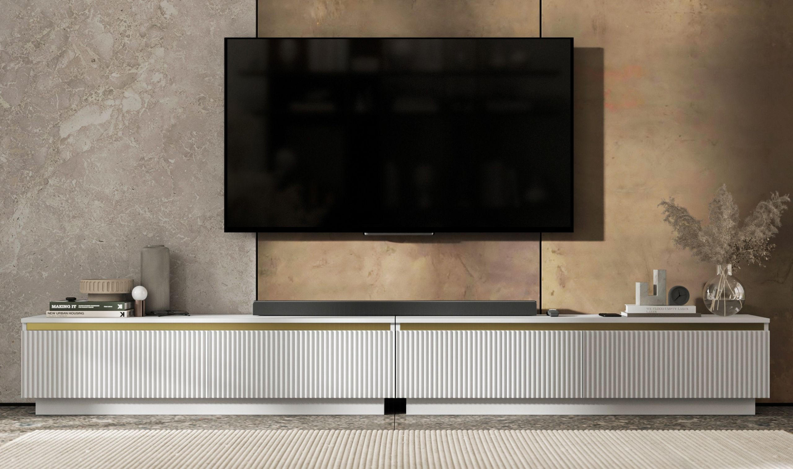 TV-LOWBOARD 2-er Set Selene Weiß matt geriffelte Fronten 140 cm - Weiß, Holzwerkstoff (280/37/35cm) - Meble Lindner
