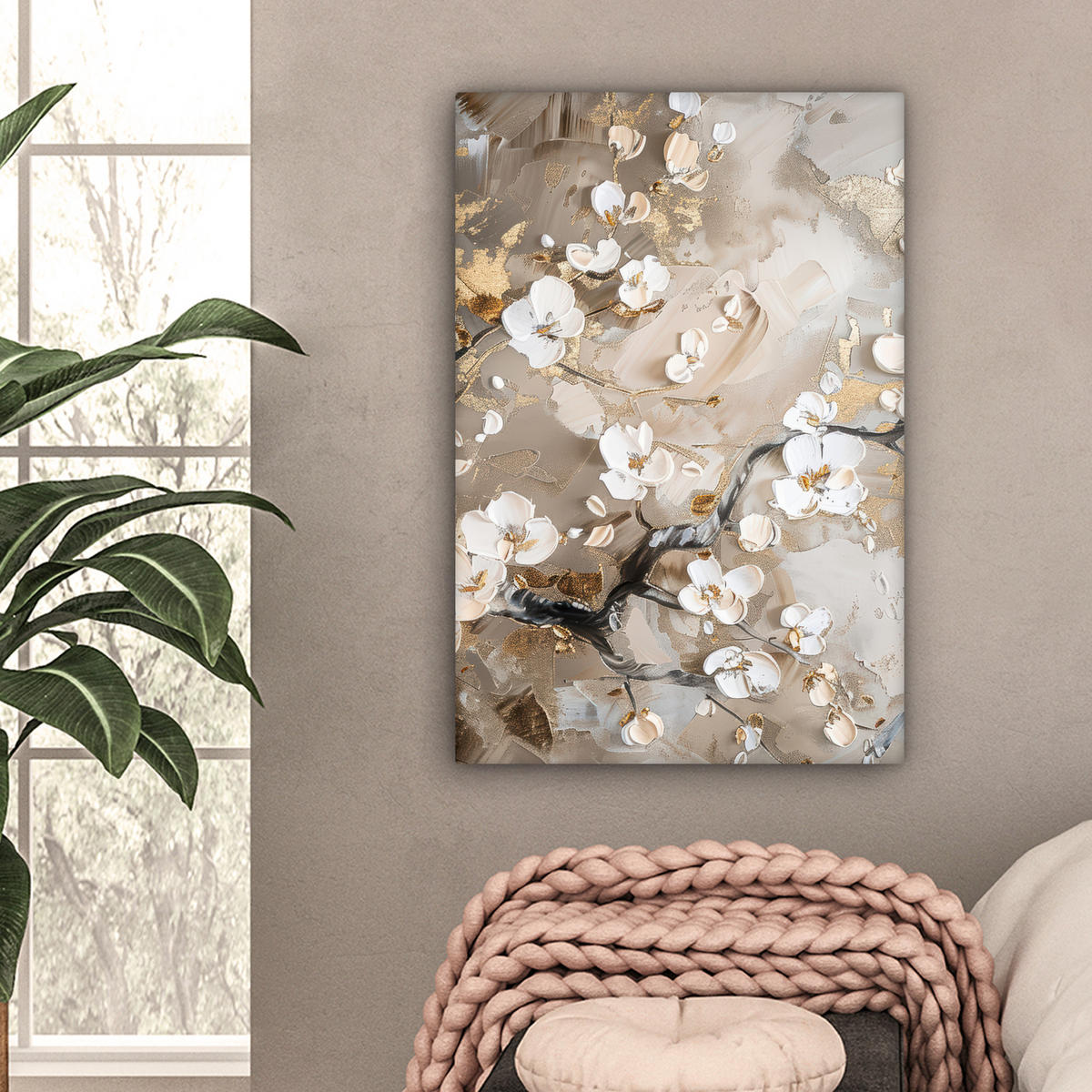 LEINWANDBILD - Blumen - Weiß - Gold - Beige - Luxus - 60x90 - Kunstdruck - Greige, Textil (60/90cm) - MuchoWow
