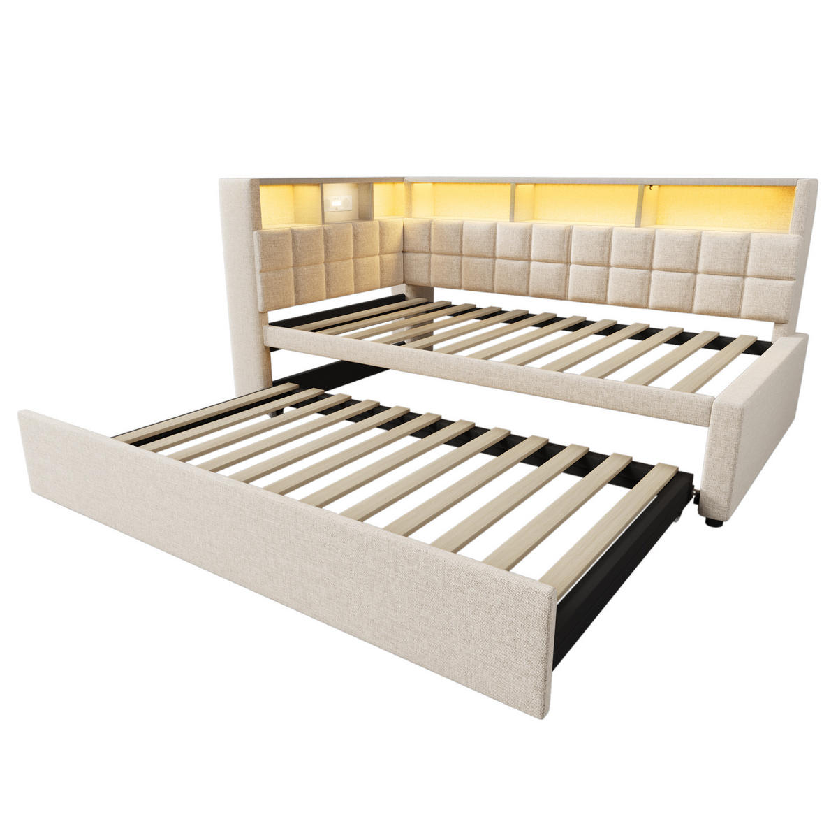 AUSZIEHBETT 90/200 cm Beige mit LED-Beleuchtung Bluetooth-Lautsprecher und USB- und Type-C-Anschlüssen aus Leinen - Beige, Textil (90/200cm) - OKWISH