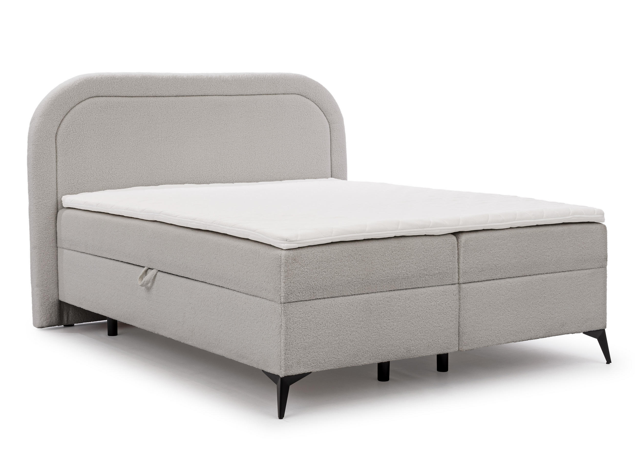 BOXBETT Sonna 160/200 cm Hellgrau Bouclé-Stoff mit abgerundetem Kopfteil und mit schwarzen Metallfüße - Hellgrau/Schwarz, Holz/Textil (160/200cm) - S-Style Möbel