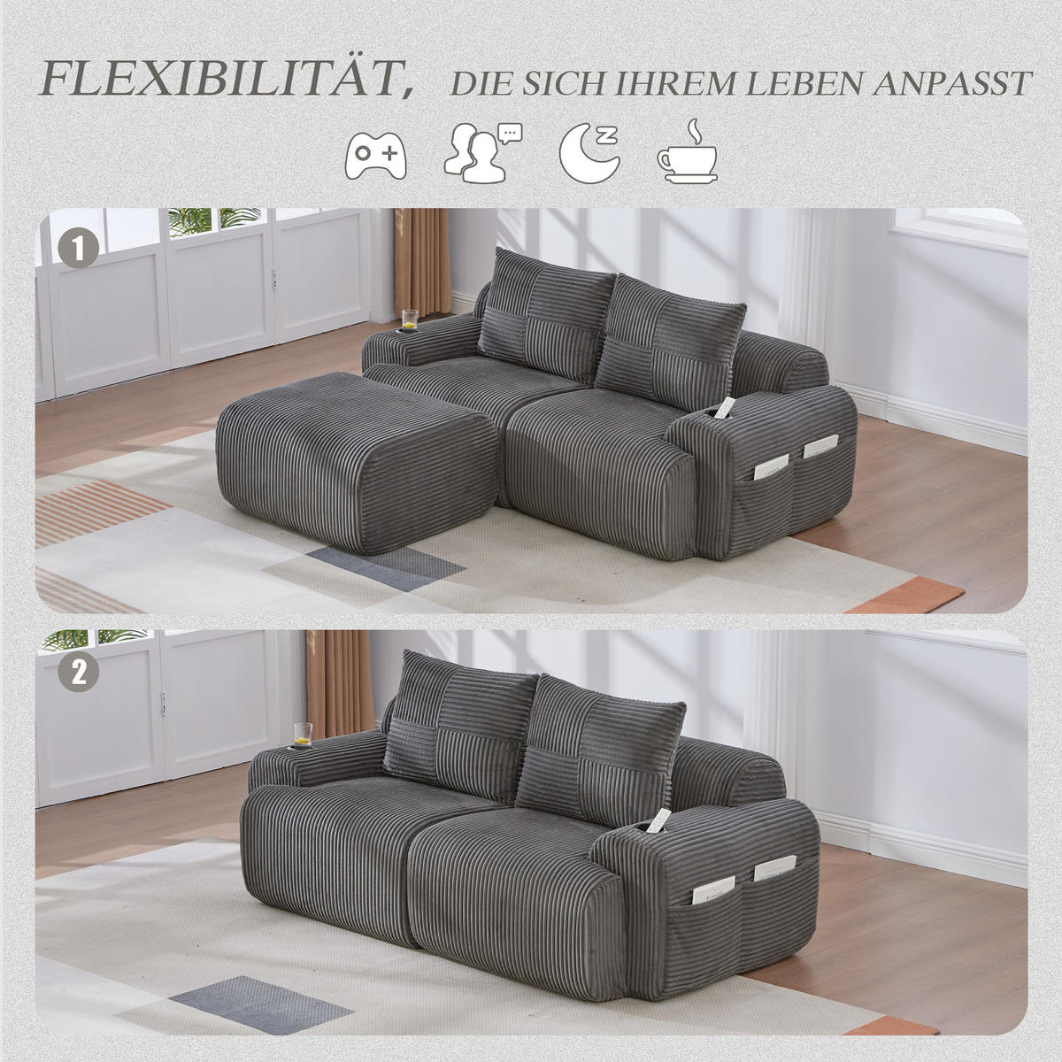 MODULARES 2-Sitzer Cordsofa mit Hocker Getränkehalter und Seitentasche 200/174/80 cm Dunkelgrau - Dunkelgrau, Textil (174/200cm) - Redom