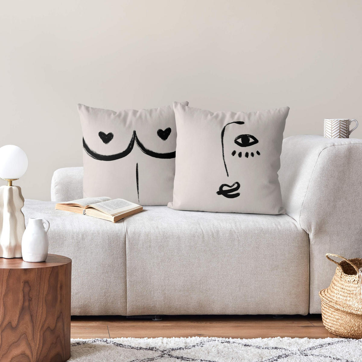 DEKOKISSEN 2er-Set Alina Buffiere Illustration - Ich seh dich Brüste Duo 50/50 cm - Eichefarben, Textil (50/50cm) - Bilderwelten