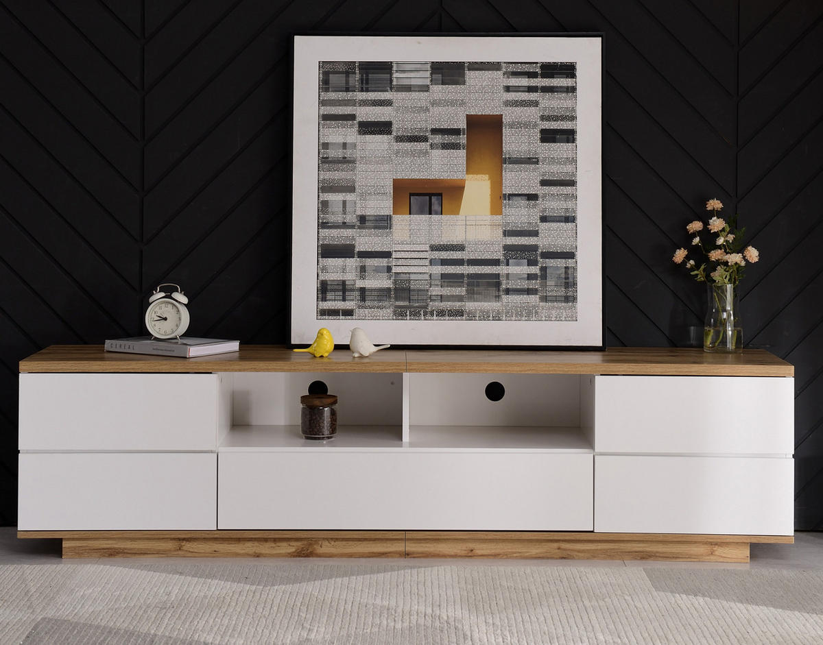 TV-SCHRANK in Weiß und Holzoptik mit 5 Türen und offenen Fächern 180/46/38 cm - Weiß, Holzwerkstoff (180/46/38cm) - Redom