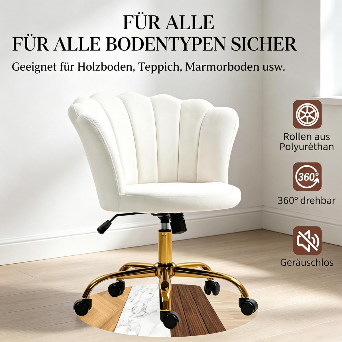 DREHSTUHL höhenverstellbarer Samtbezug blütenförmige Rückenlehne - Weiß, Textil (69/80/64cm) - Gisaae