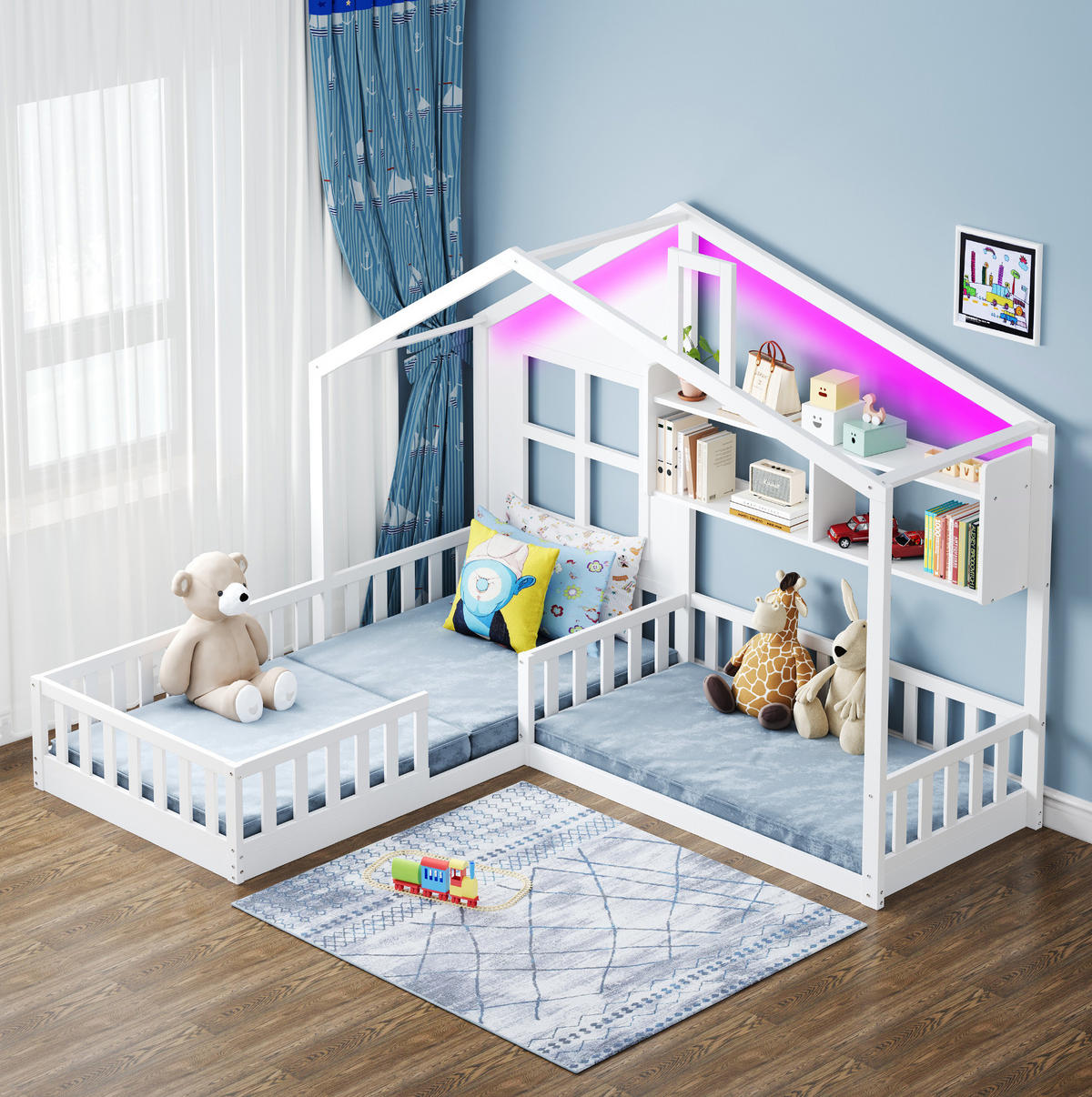KINDERBETT 90/200 cm mit LED-Beleuchtung, Regalen und Sicherheitsgitter, Weiß - Weiß, Holzwerkstoff (90/200cm) - Redom