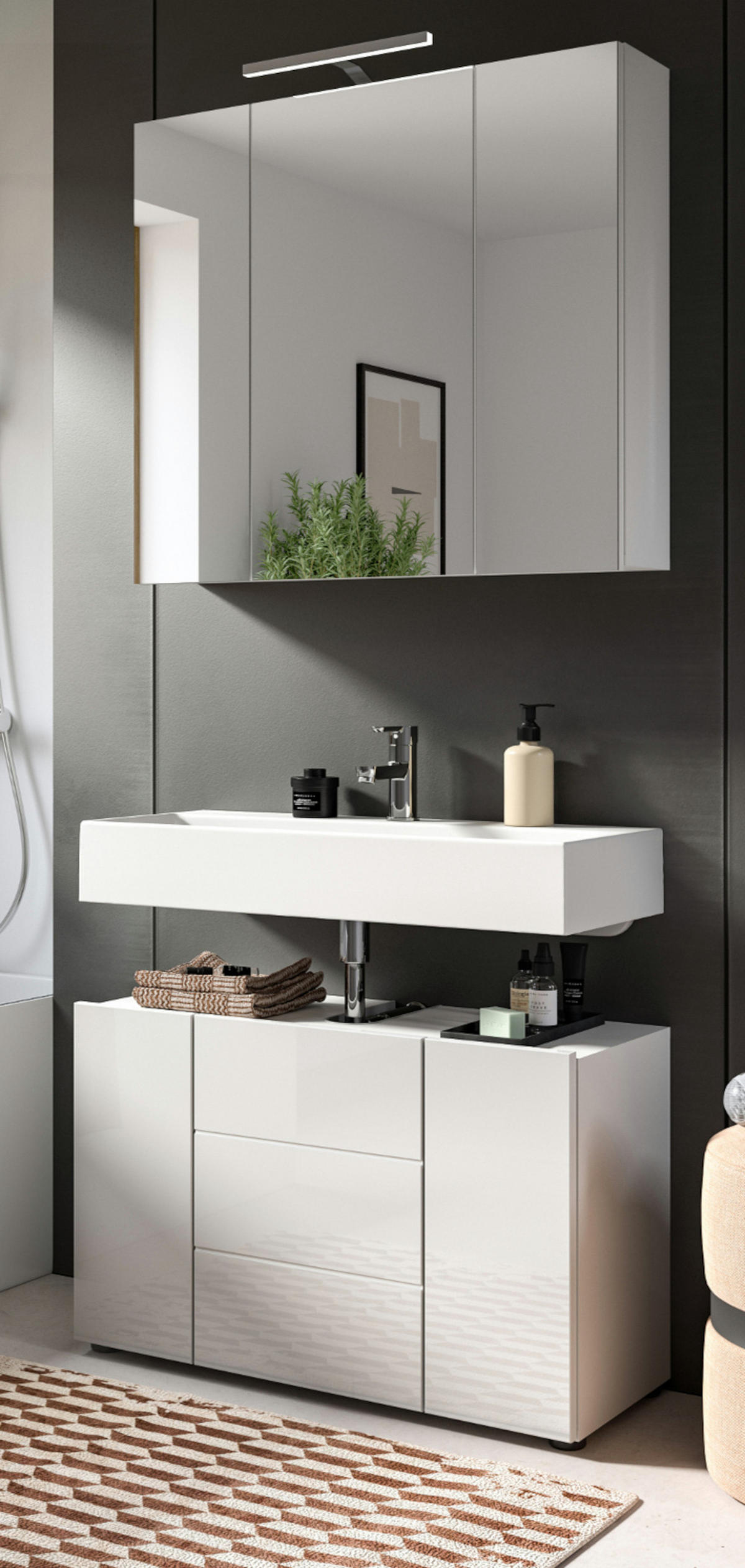 BADMÖBEL-SET 2-teilig weiß Hochglanz, Badkombination 80 cm - Weiß Hochglanz, Glas/Holzwerkstoff (82/190/34cm) - Inn.Furn