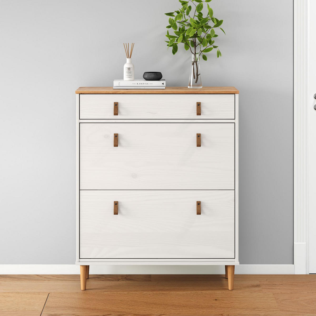 SCHUHKIPPER MIKKA weiß/Eiche - Eichefarben/Weiß, Holz (86/105/30cm) - IDIMEX