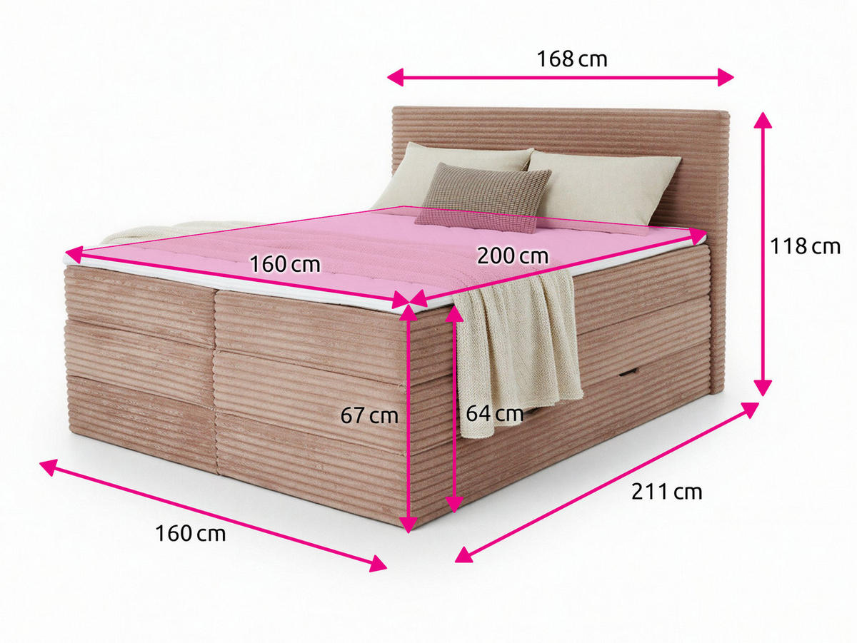 BOXSPRINGBETT Mollo Max - 160x200 - beige (Tilia 03, Cord) - Beige/Schwarz, Holz/Holzwerkstoff (160/200cm) - Sofnet