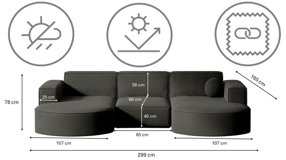 GARTENECKSOFA U-Form Garten Modena Studio Sofa-U Patio Grau - Grau, Holz/Textil (165/78/299cm) - Kaiser Möbel
