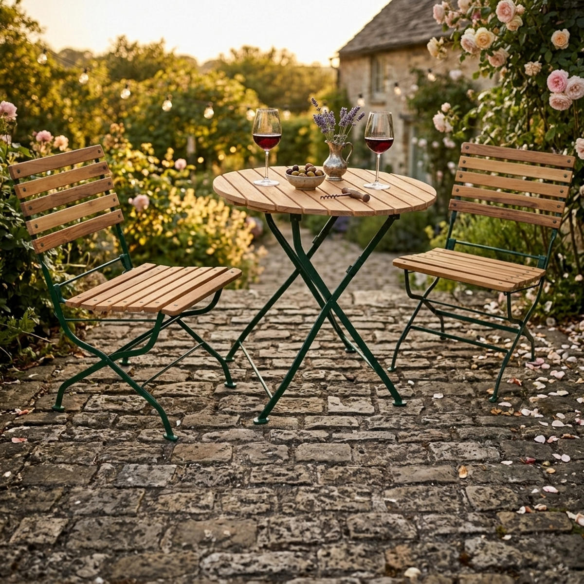 SITZGRUPPE Newcastle 3-teilig, Gartenmöbel Set 2 Personen - Flachstahl - Robinienholz -Bistrotisch Set mit 2 Stühlen - dunkelgrün - Grün, Holz - TPFGarden