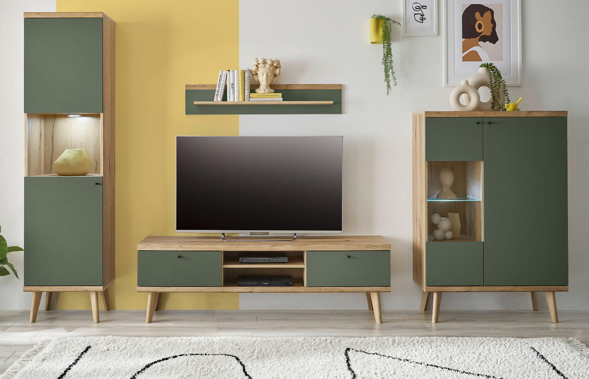 WOHNWAND 4-teilig salbei grün, Eiche Evoke, skandinavisch 320 cm, Schrankwand mit Vitrine - Salbeigrün/Eichefarben, Glas/Eichenholz (320/197/40cm) - Furn.Design