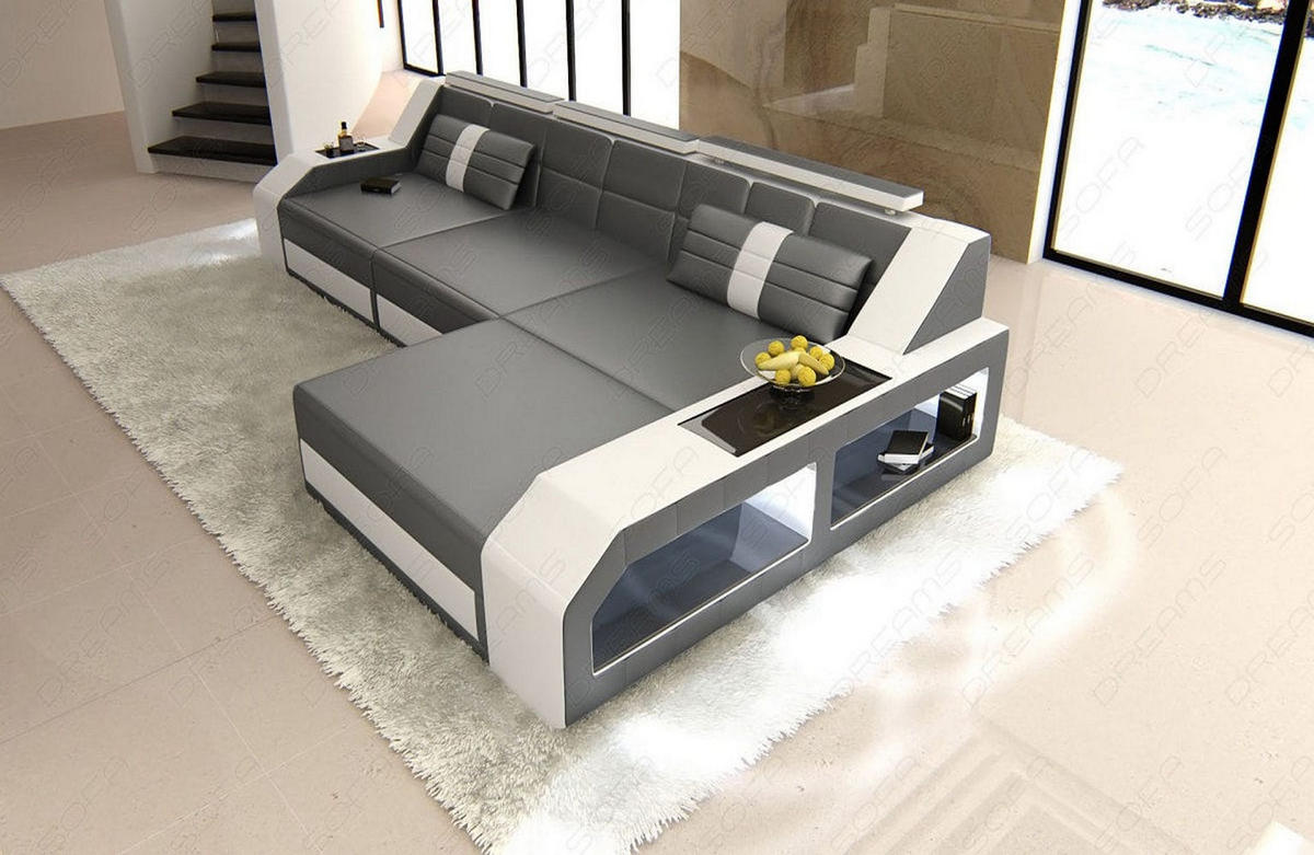 COUCH Arezzo L Grau Weiß Ledermix - Grau, Textil (308/194cm)