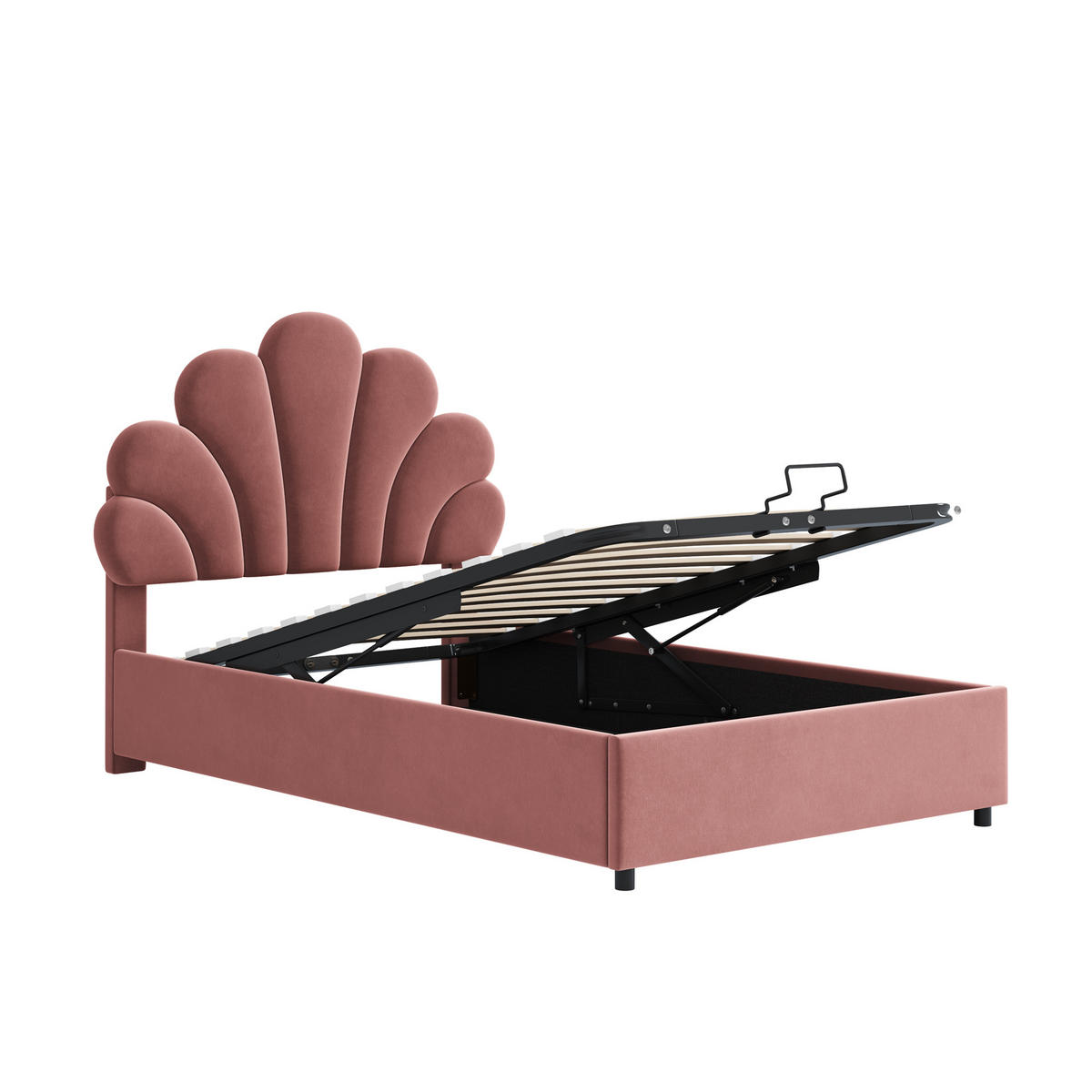 KINDEREINZELBETTEN aus Samt 90x200 cm in Rosa mit hydraulischem Stauraum - Rosa, Textil (90/200cm) - Modfu