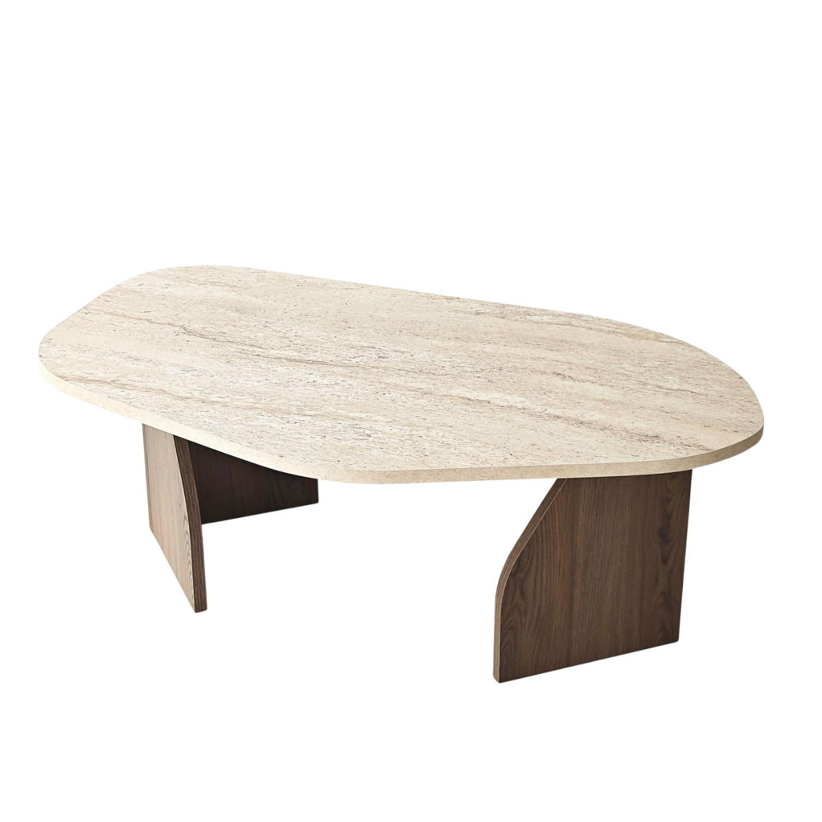 KONFERENČNÍ stolek s organicky tvarovanou deskou a širokými nohami, délka 100 cm - ROCK - barva dubu/světle hnědá, kompozitní dřevo (100/60/35cm) - Calicosy