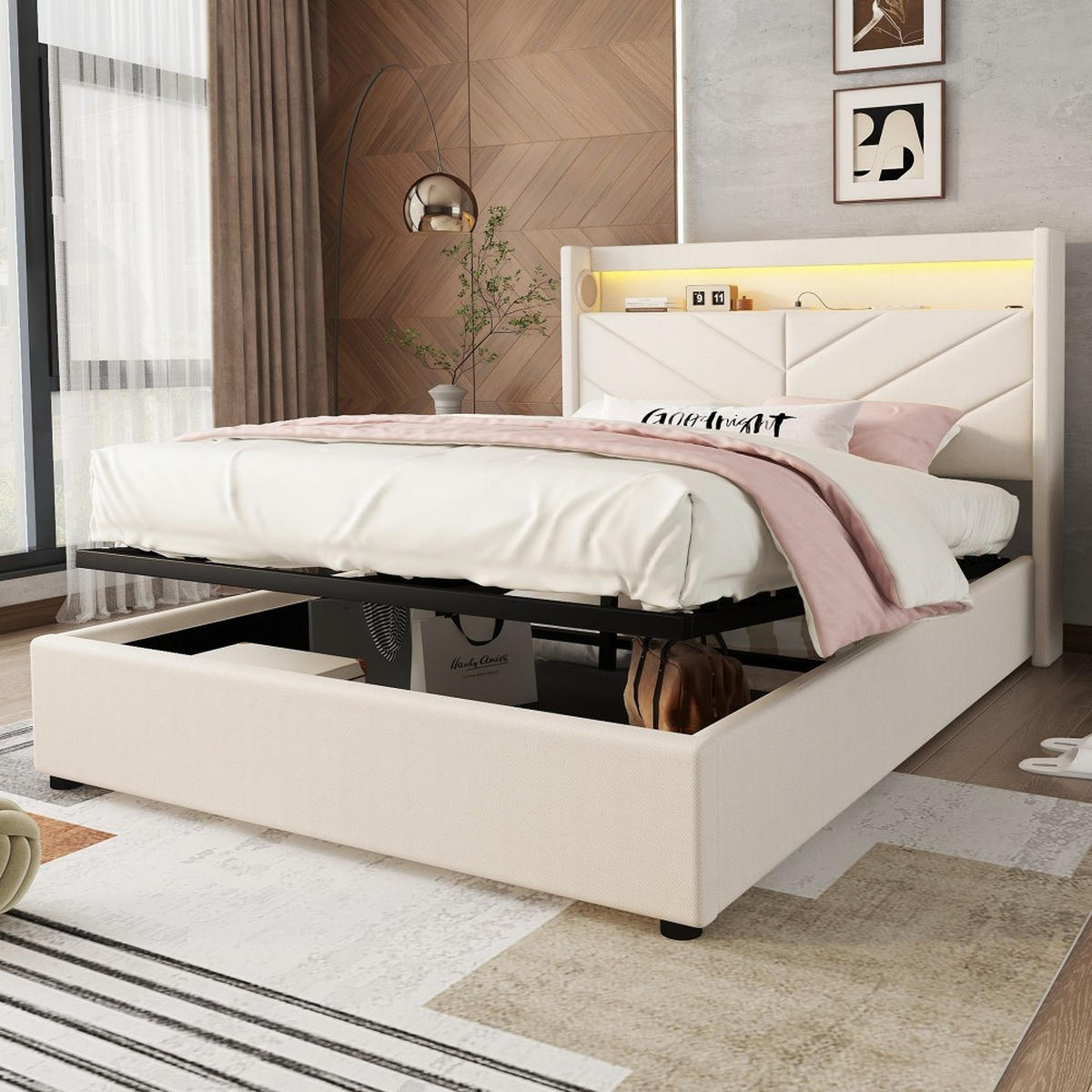 POLSTERBETT 140 x 190 cm in Beige Leinen mit Mit USB und Stereoanlage - Beige, Holz/Textil (140/190cm) - KOMHTOM