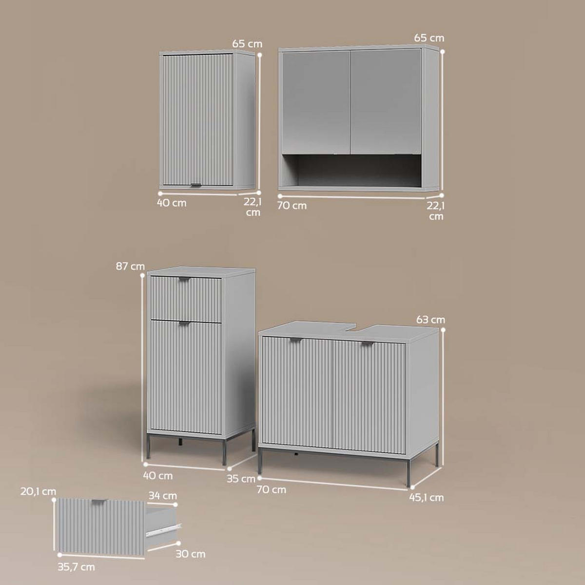 BADMÖBEL-SET ATERNO Grau 4 Teile - Grau, Holzwerkstoff (70/63/45cm) - Livinity®