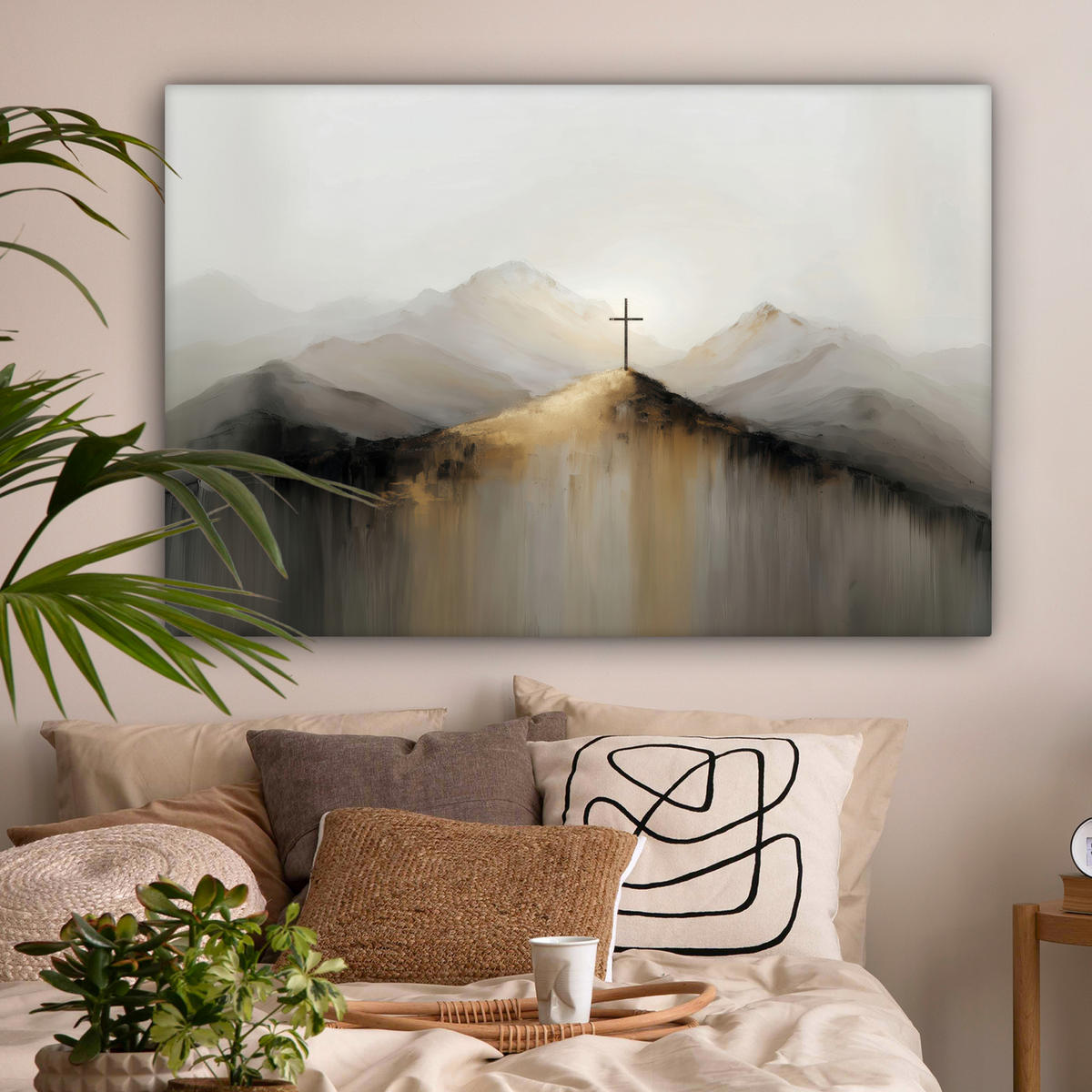 LEINWANDBILD Hügel - Abstrakt - Kreuz - Christentum Groß 140x90 cm - Beige, Textil (140/90cm) - MuchoWow