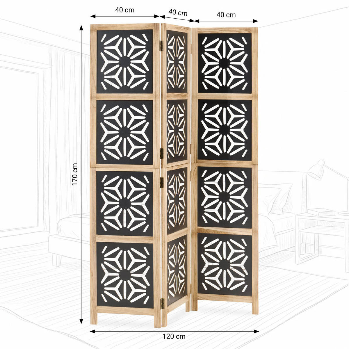 PARAVENT 3-tlg. 120/170 cm Braun Holz-Ornamentik - Braun, Holz (120/170/2cm) - Homestyle4u