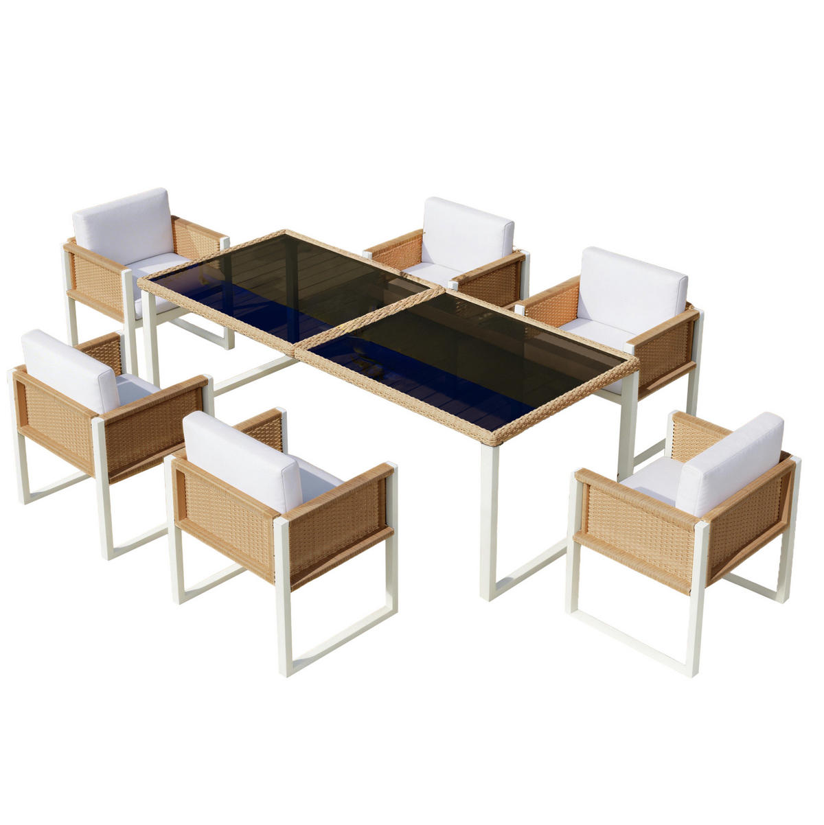 ZAHRADNÍ jídelní set z PE ratanu 170x80x75 cm hnědá/bílá se 6 židlemi, odnímatelnými potahy a nastavitelnými nožkami - hnědá, přírodní materiály - Modfu