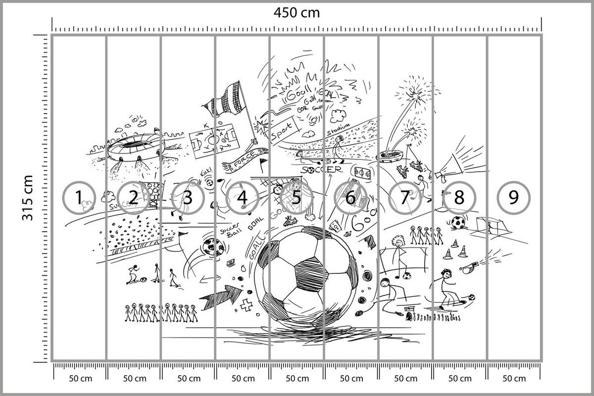 FOTOTAPETE für Kinderzimmer Fußball Skizzen Tor Stadion Sport 450x315 - Schwarz/Weiß, Papier (450/315cm) - Muralo