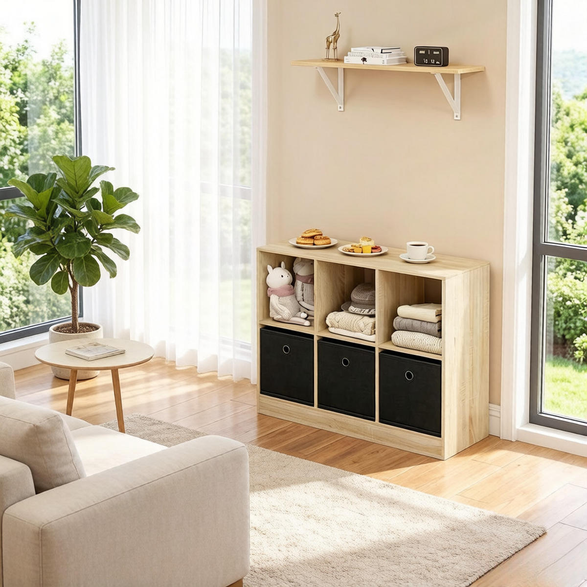 BÜCHERREGAL Schwarz/Eichefarben mit 3 Stoffschubladen 80/30/61 cm - Schwarz, Holzwerkstoff (80/61/30cm) - PANGIVO