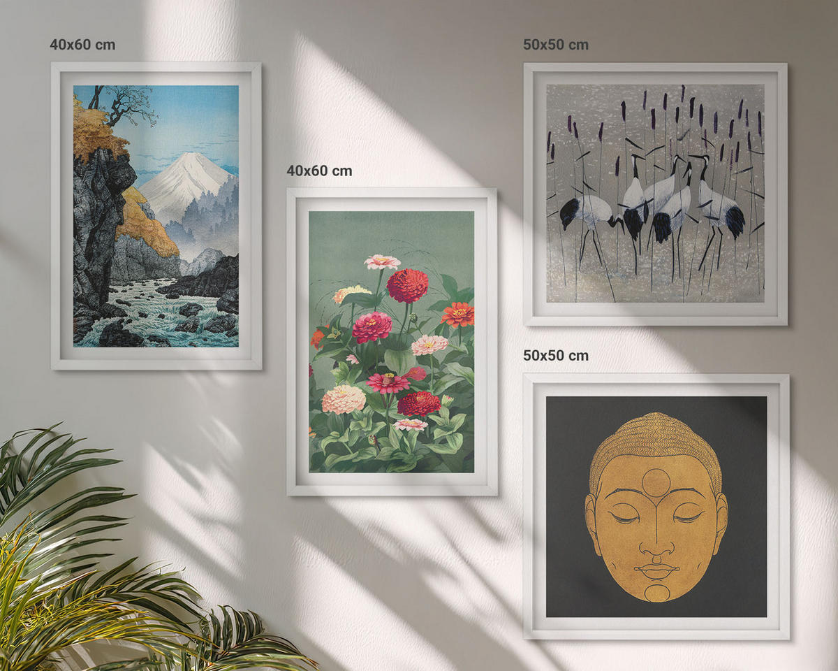 BILDER SET 4er Set - 50x50 cm & 40x60 cm Weißer Rahmen - Japanische Natur und Japandi-Stil - Weiß, Kunststoff (50/50cm) - TULUP