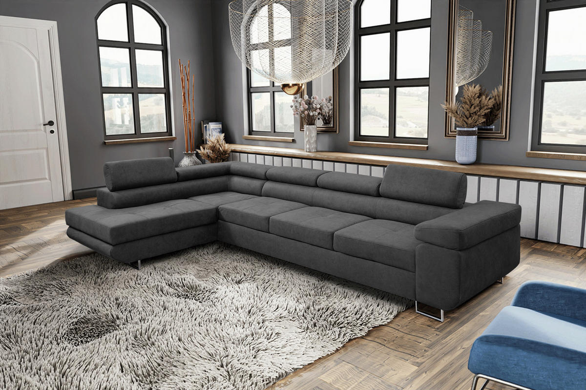 ECKSOFA Marlene IV L-Form mit verstellbaren Kopfstützen Schlaffunktion Bettkasten 347 cm links grau - Dunkelgrau, Kunststoff (347/202cm) - Margaret Hadas24