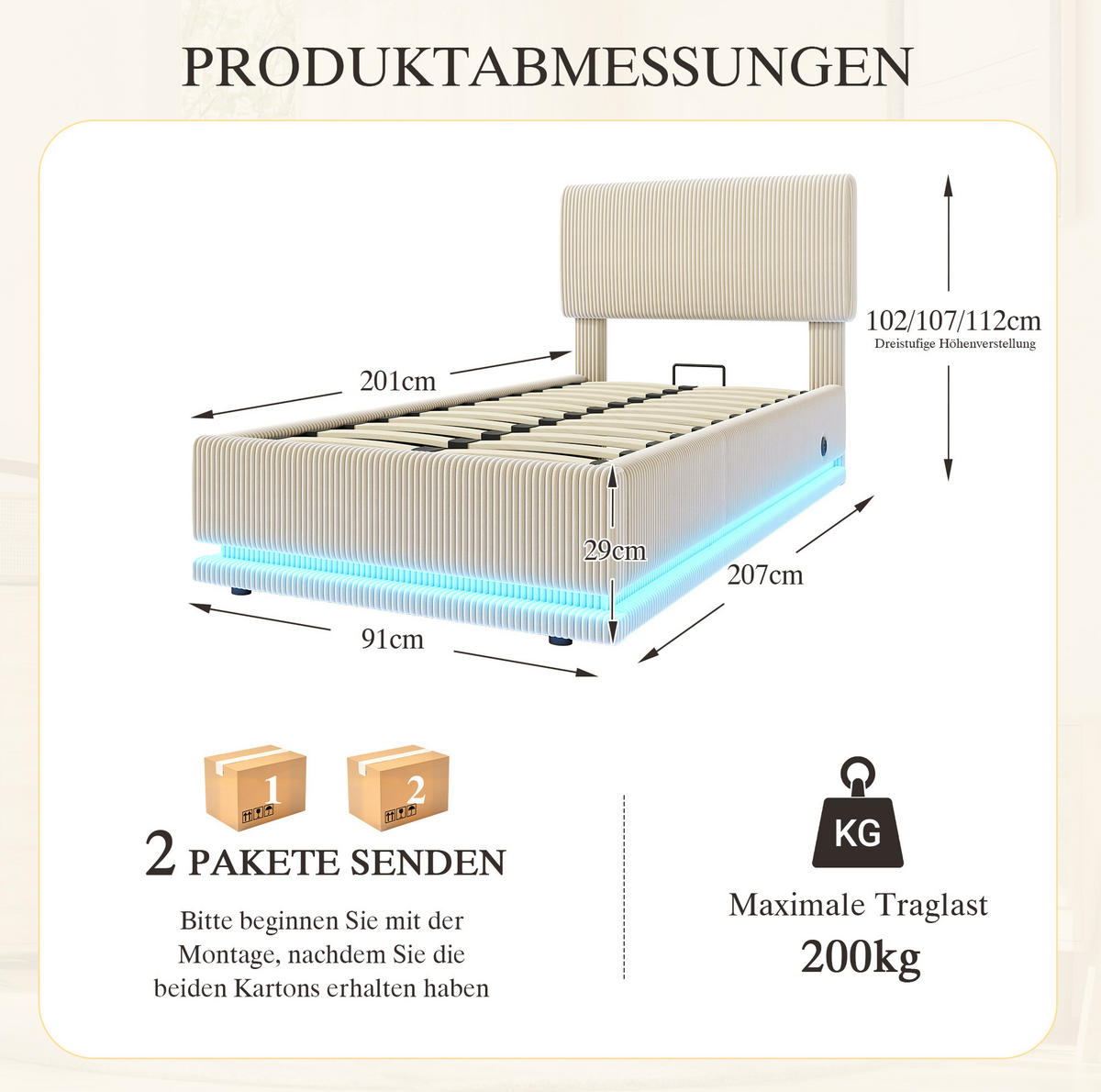 POLSTERBETT mit LED und USB-C 90x200 cm Cord Beige - Beige, Metall (90/200cm) - Meubliv