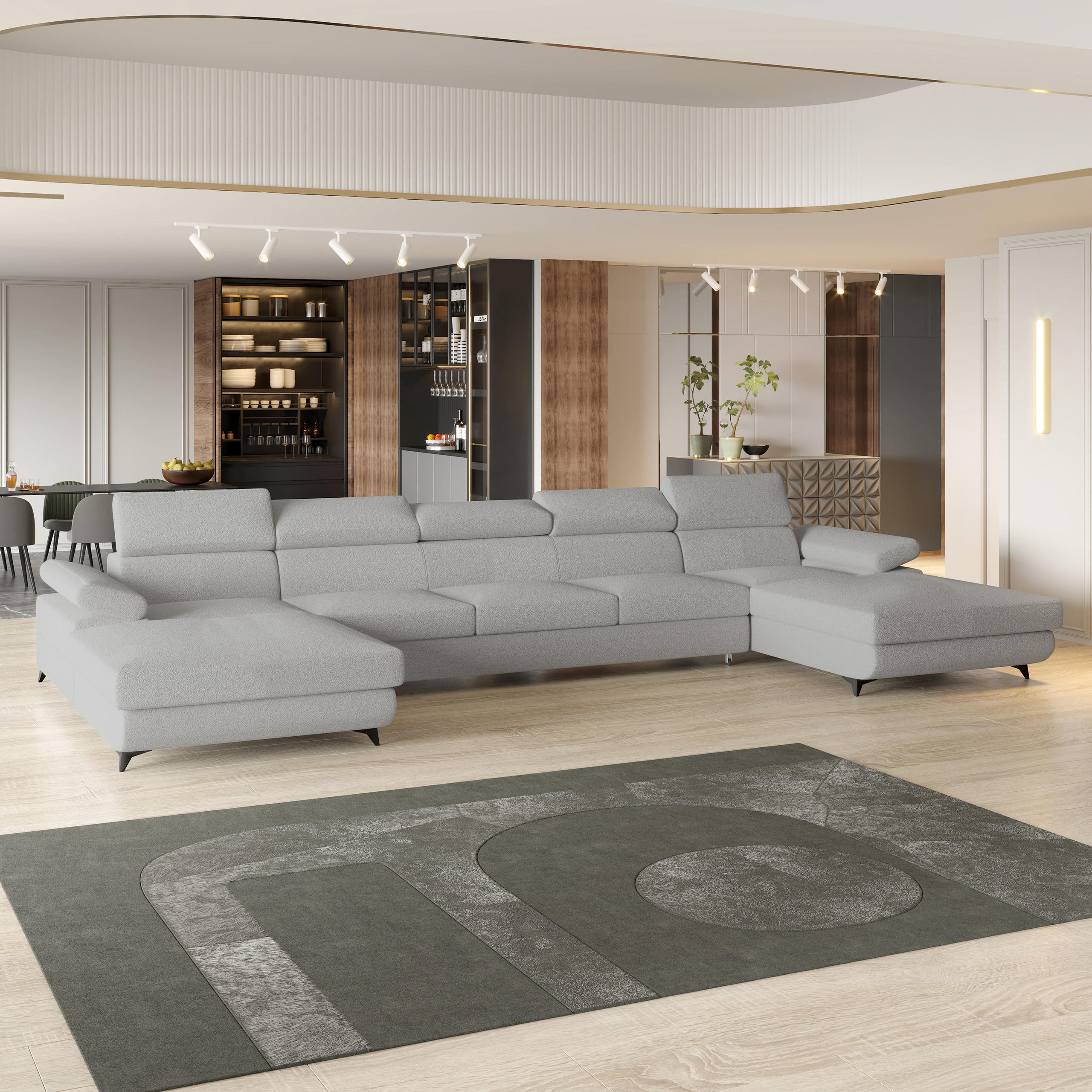 WOHNLANDSCHAFT VIVENTE Hellgrau Boucle-Stoff mit Schlaffunktion - Hellgrau, Holz (410/89/190cm) - MASSENO