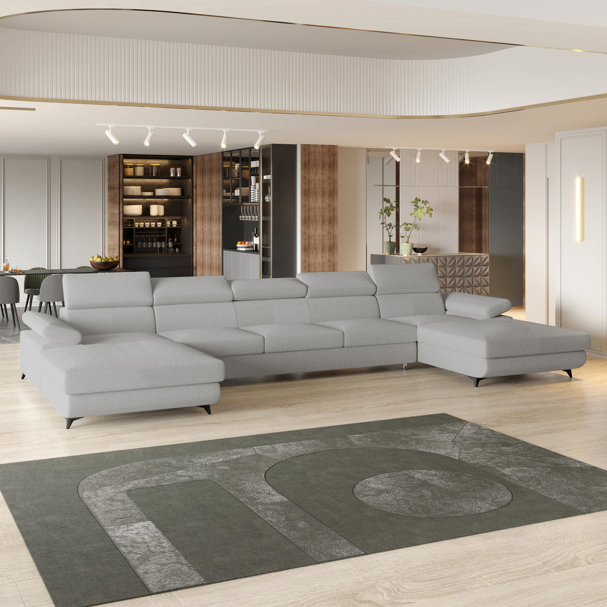 WOHNLANDSCHAFT VIVENTE Hellgrau Boucle-Stoff mit Schlaffunktion - Hellgrau, Holz (410/89/190cm) - MASSENO