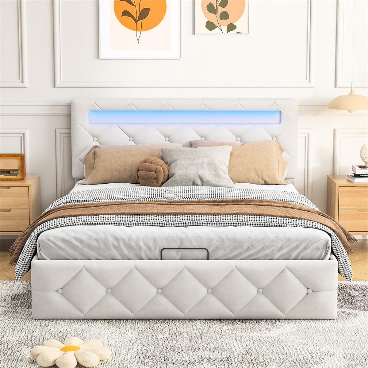 POLSTERBETT 160x200 cm - mit LED-Beleuchtung und hydraulischem Bettkasten - ohne Matratze - Samt - Creme, Textil (160/200cm) - DELFA