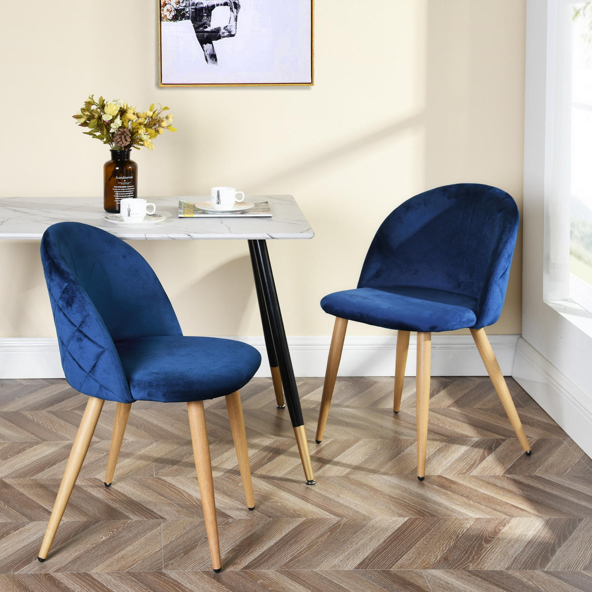 STUHL-SET 2 Stück in Samt DUNKELBLAU - Blau/Eichefarben, Holzwerkstoff/Textil (55/78/47cm) - Urban Meuble