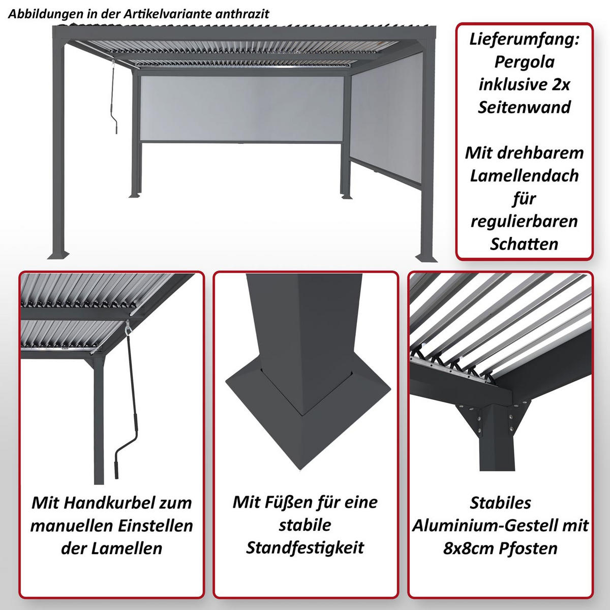 ALU PERGOLA MIT SEITENWAND Anthrazit - Anthrazit, Metall (306/224/368cm) - MCW