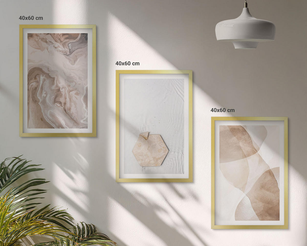 WANDBILDER 3er Set - 40x60 cm Goldrahmen - Designerabstraktion der Natur - Goldfarben, Kunststoff (40/60cm) - ArtPrintCave