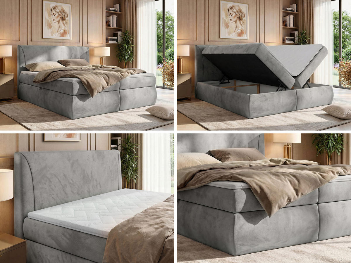 POSTEL BOXSPRING TARENZA 140/200 - Světle šedá Samet - Topper T25 - H3 - černá/světle šedá, textil/plast (140/200cm) - MKS