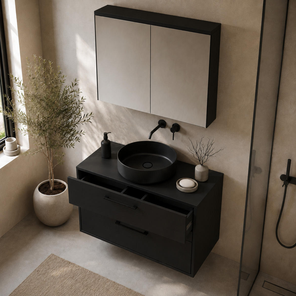 BADMÖBEL-SET Florence 2 Teile Matt Schwarz - 80 x 46 x 46 cm - Schwarz, Holz (80/46/46cm) - Badplaats