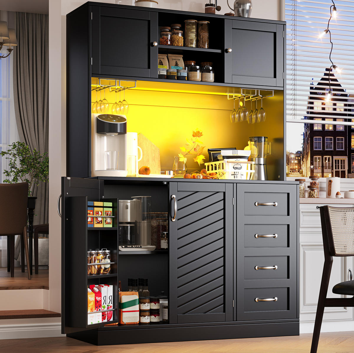 BUFFETSCHRANK 120/40/188 cm schwarz aus MDF mit LED-Beleuchtung - Schwarz, Holzwerkstoff (120/188/40cm) - OKWISH