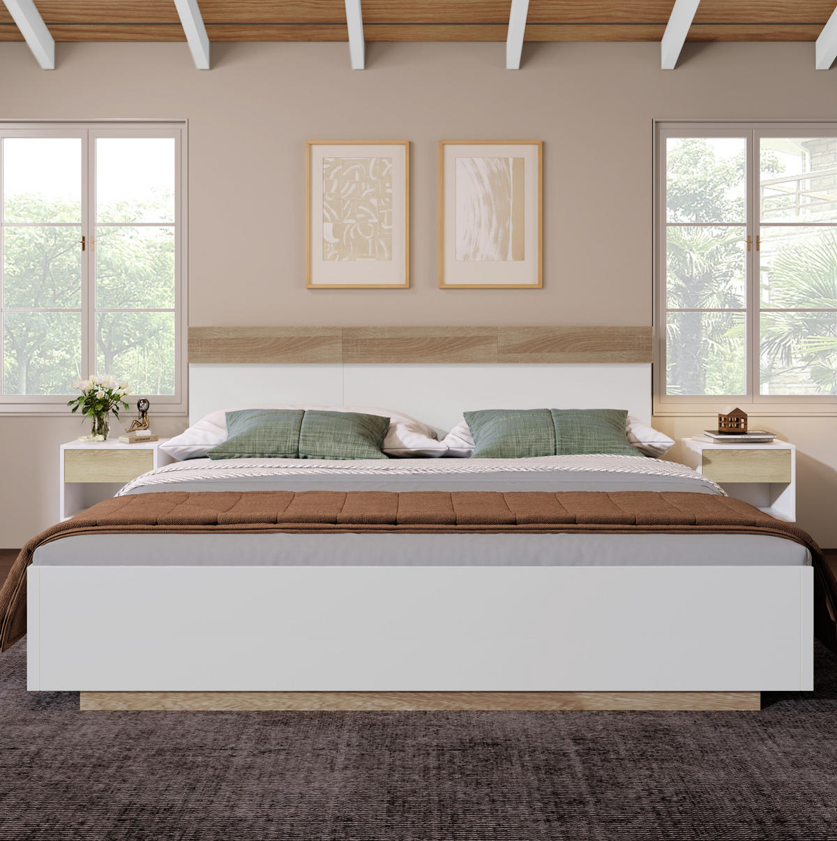 DOPPELBETT 160/200 cm Schwebebett Eiche Sonoma/Weiß mit Lattenrost - Weiß, Holzwerkstoff (160/200cm) - OKWISH