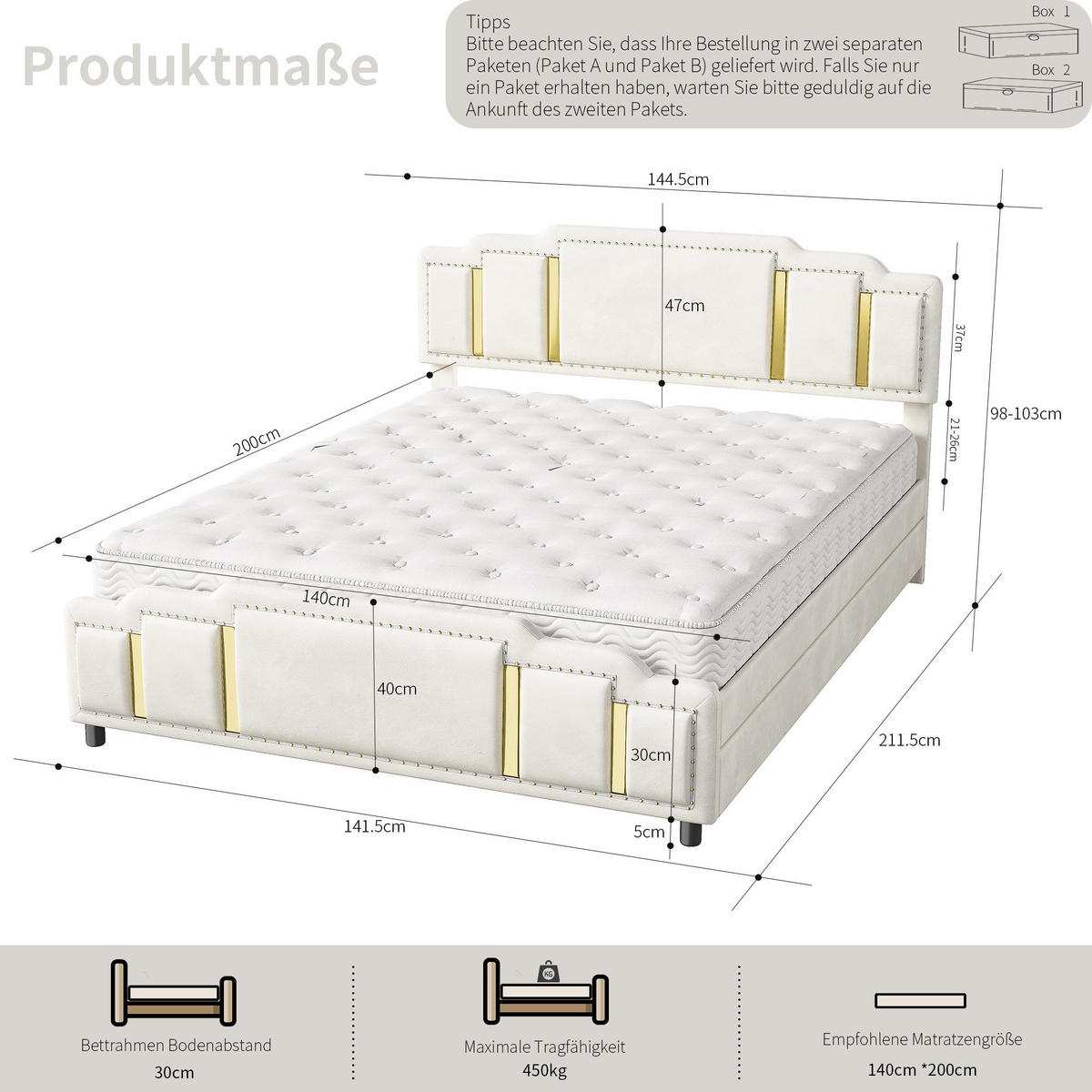 POLSTERBETT 140/200 cm Beige mit 2 Schubladen und LED-Ambientebeleuchtung - Beige, Textil (140/200cm) - Oxeza