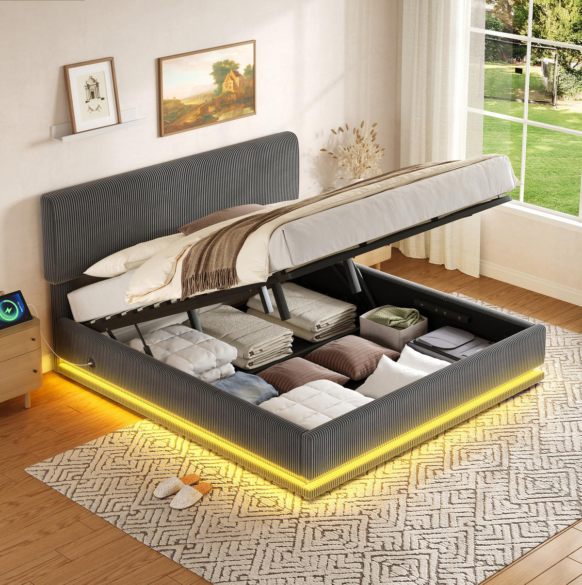 POLSTERBETT mit LED und USB-C 140x200 cm Cord Dark Grey - Dunkelgrau, Metall (140/200cm) - Meubliv