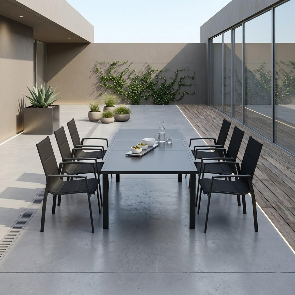 GARTEN-GARNITUR Ashford - 7-teilige Garten-Essgruppe (6x Stapelsessel mit Aluminiumgestell schwarz, Bespannung Textillehne schwarz - Schwarz, Metall - TPFGarden