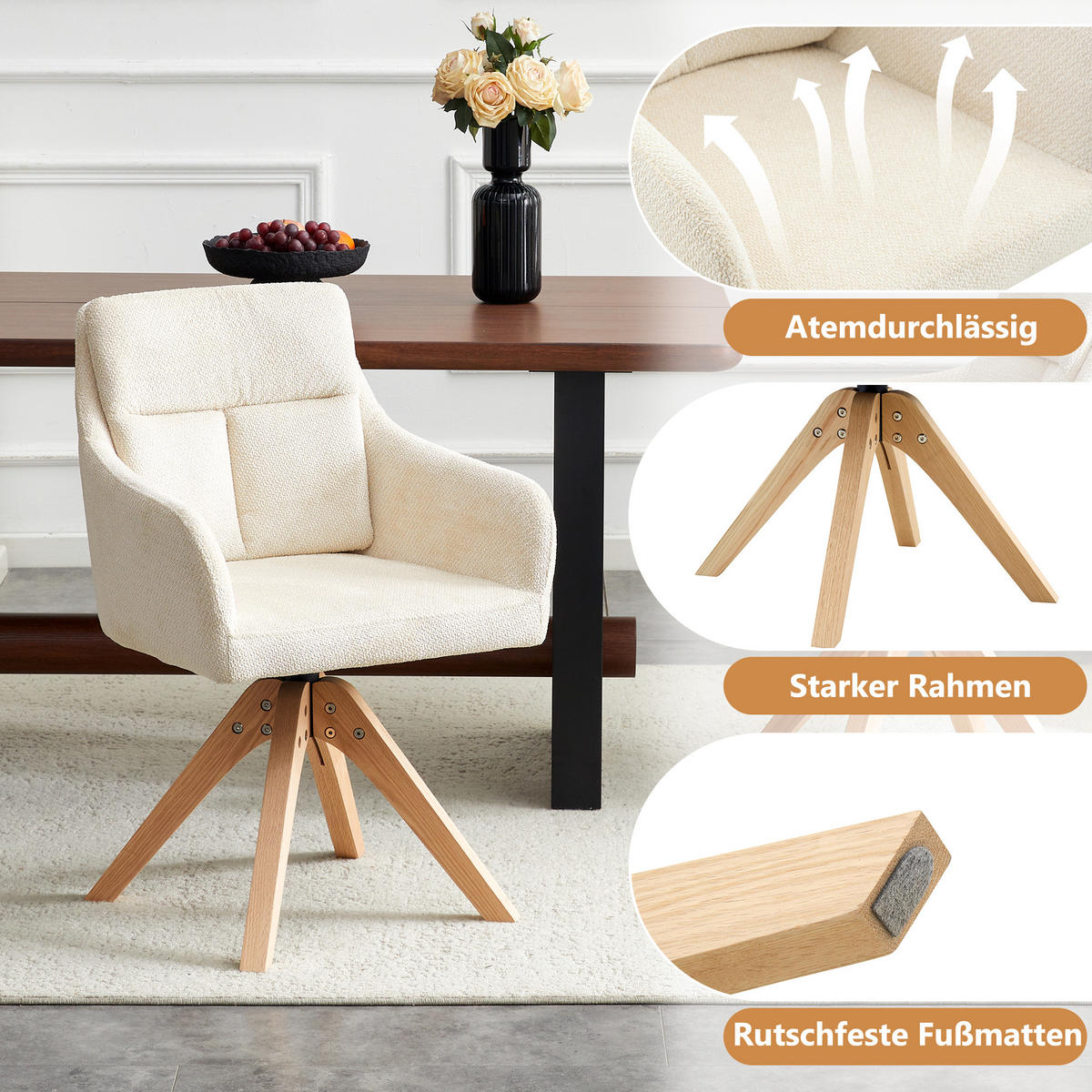 ARMLEHNSTUHL-SET DE-36632 2 Stück mit Samtbezug und Massivholzbeinen Hellbeige - Weiß, Holz (43/87/45cm) - ComfortXL